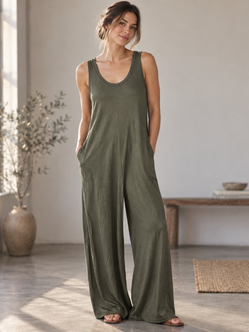 Elloh Olive Rayon Blend Wide Leg Jumpsuit With Pockets Made USA NWOT